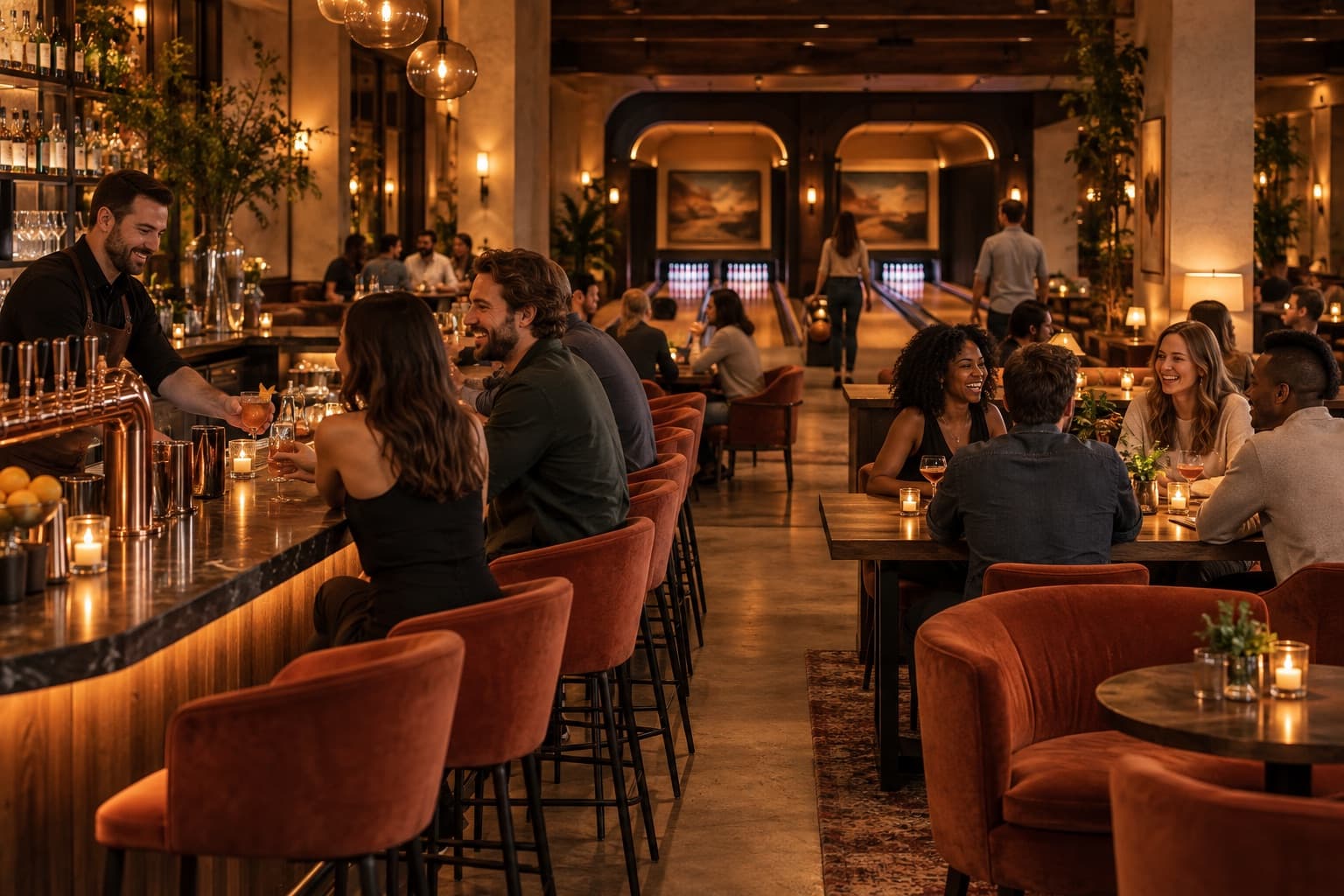Illustrative lively social venue with a bar, bowling lanes, and guests enjoying the evening