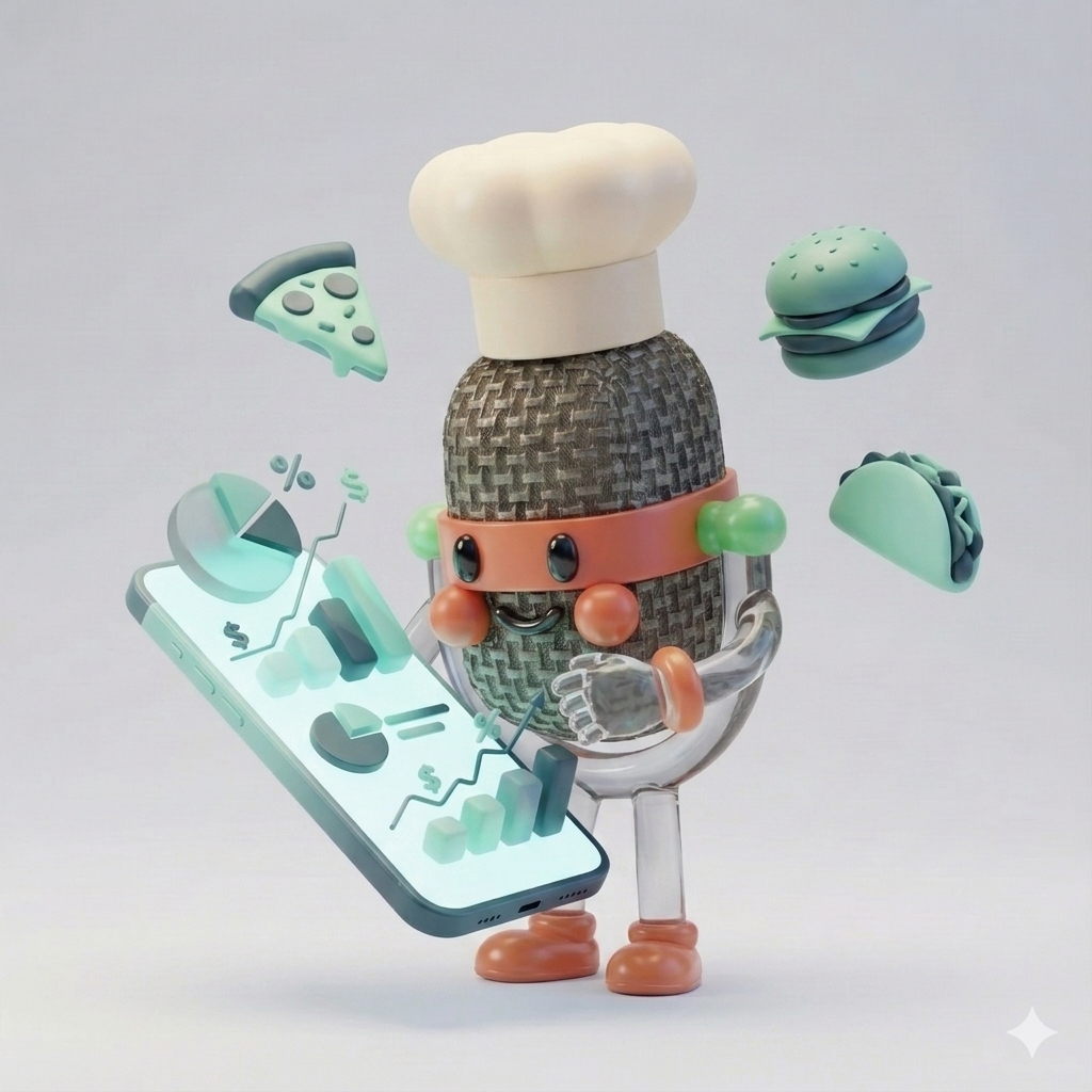 A sleek modern desk with a ringing restaurant phone next to glowing digital order tags highlighting daily revenue.