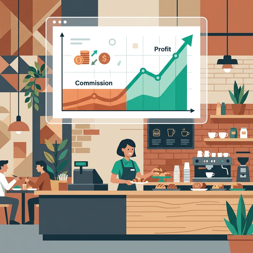 Modern flat vector illustration of a warm-toned restaurant counter showing a chart that contrasts delivery commission fees with teal direct profit growth lines.